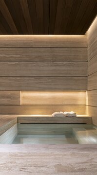 Modern minimalist stone water feature with integrated seating in contemporary interior design space