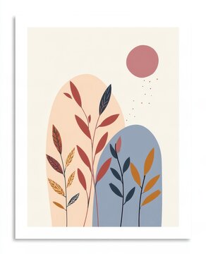 Minimalist stylized botanical illustration with abstract leaves and geometric shapes for modern interior decor