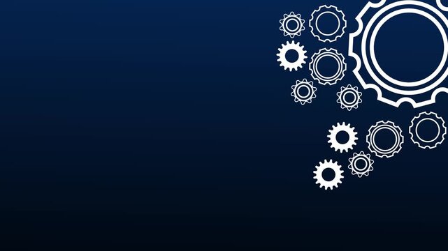 Gears animation displays mechanical cogs rotating on deep navy. Automated industrial machinery workflows operate through the gears. Smart engineering technology progress drives this active gears.