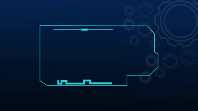 Interface frame animation displays mechanical cogs on deep navy. Industrial automation telemetry screen borders shape interface frame. Modern engineering dashboard overlays use the interface frame.