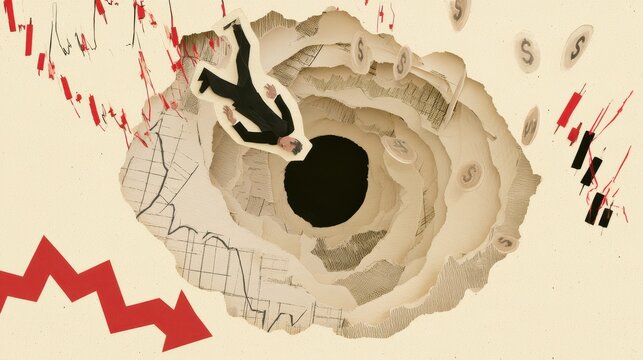 Business professional falling into downward-trending financial chart on beige paper background