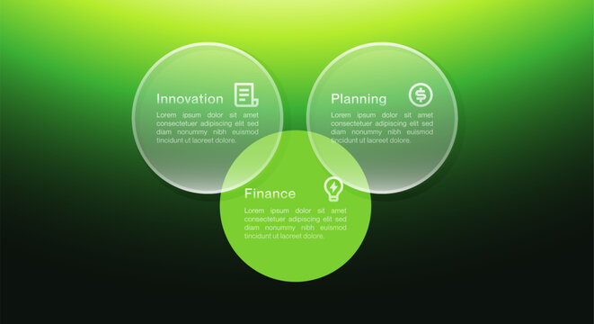 Modern glass infographic template with dark background, lime green accents, 3 process steps, business workflow, timeline, data visualization, charts, presentation elements for professional design.