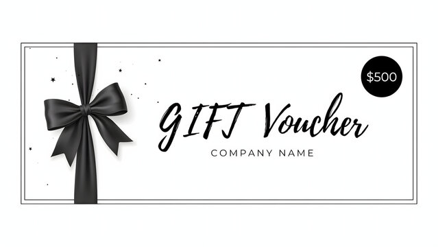Minimalist white gift voucher featuring a black silk bow, small confetti dots, and a circular price tag on a clean, plain white background