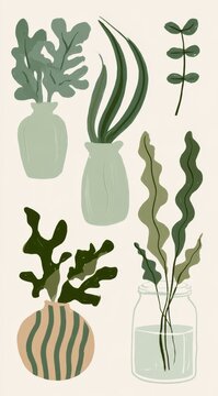 Illustrated collection of five distinct houseplants in minimalist vases for modern interior decor branding
