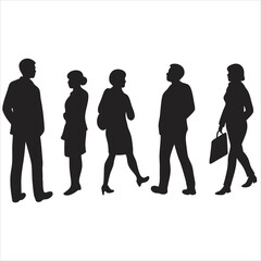 Obraz premium Business People and Diverse Group Silhouettes Standing and Walking Together, Teamwork and Community Vector Illustration