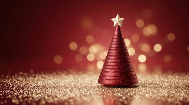 Red Christmas tree with star against bokeh lights and glitter for festive celebration
