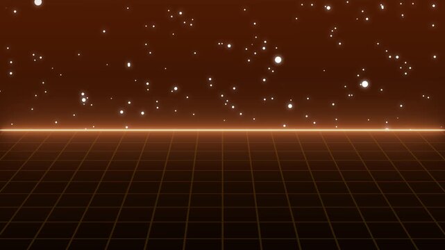 Grid landscape animation moves toward a glowing cosmic horizon. Retro synthwave perspective terrain shifts in the grid landscape. Cyberpunk electronic visual depth defines the grid landscape.