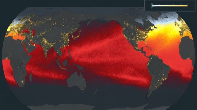 Global map illustrating sea surface temperature anomalies with color-coded heat zones