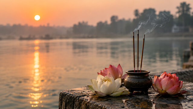 Pitru paksha incense and lotus flowers beside river at sunrise representing ancestral prayer and durga puja devotion with spiritual atmosphere in india