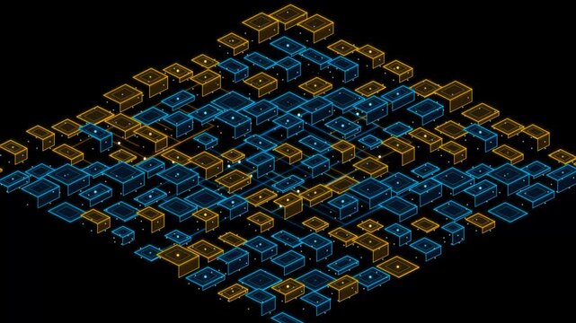 Abstract background with glowing blue and orange isometric cubes pattern on dark surface representing digital technology and data network connectivity 4k Motion Video
