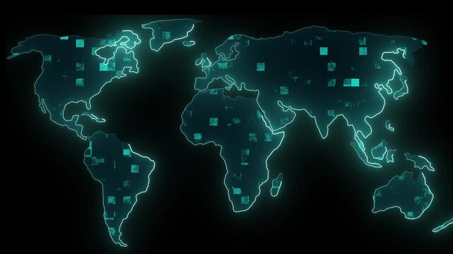 World map animation displays digital data blocks across continents. International telecommunication networks route on the world map. Global cyber data infrastructure powers the active world map.