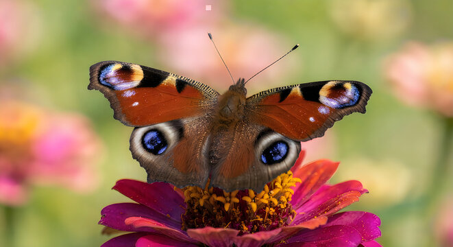 Peacock butterfly resting on pink flower in natural setting