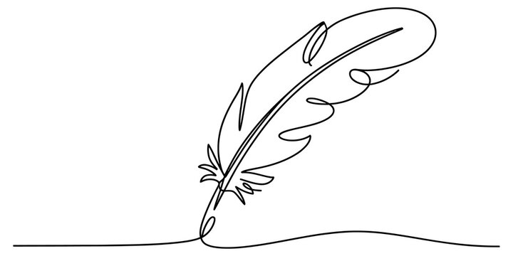 Continuous single line drawing of a feather quill pen for writing and vintage literature concept in a simple minimalist style isolated on transparent background