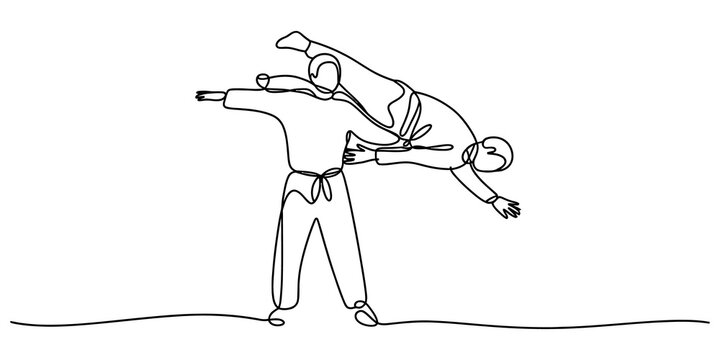 Continuous single line drawing of two people practicing judo martial arts sport throwing technique with focus on athletic motion isolated on transparent background