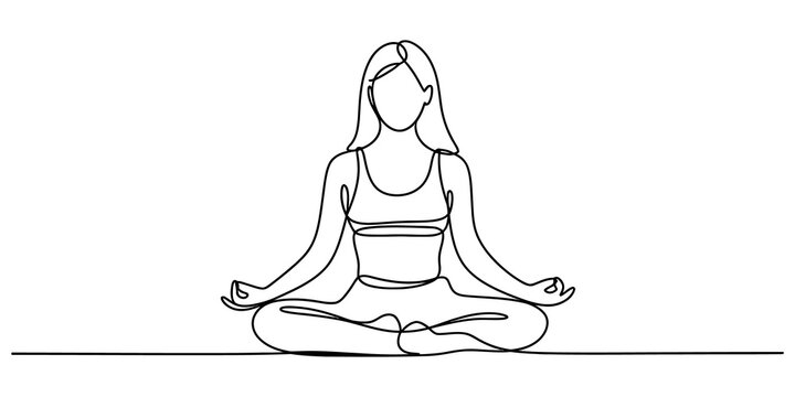 Continuous single line drawing of a woman sitting in lotus pose doing yoga meditation for wellness and healthy lifestyle exercise isolated on transparent background