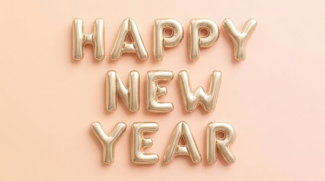 Golden balloons spelling Happy New Year on a soft peach background for celebration