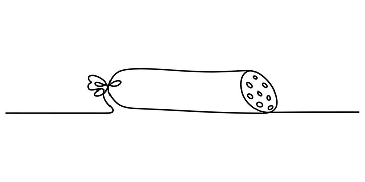Simple line art drawing of a delicious sausage salami stick sliced and ready for a meal in a minimalist black and white style isolated on transparent background