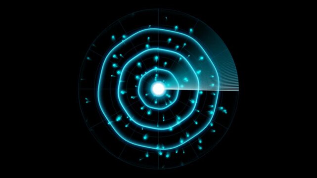 Digital radar screen with glowing blue light circles and scanning beam on a dark black background showing data points and motion detection for modern technology concepts 4k Motion Video