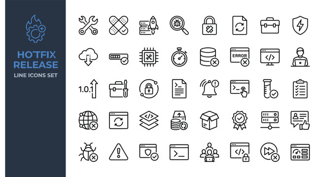 Software engineers implementing hotfix releases and ensuring system security with a collection of tech icons