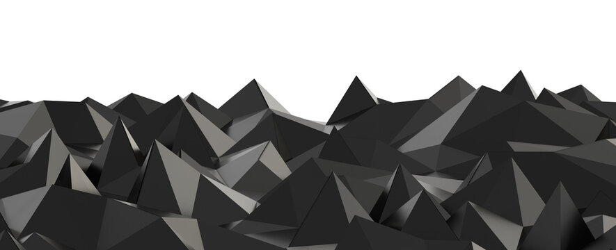 Abstract low poly geometric background with dark gray polygonal shapes resembling mountains on black