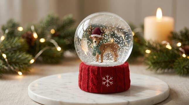 Christmas snow globe with deer in festive hat and scarf during soft candle light