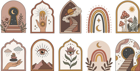 mystical arch illustrations with moon sun eye flower mushrooms rainbow planet and staircase © Sarmin