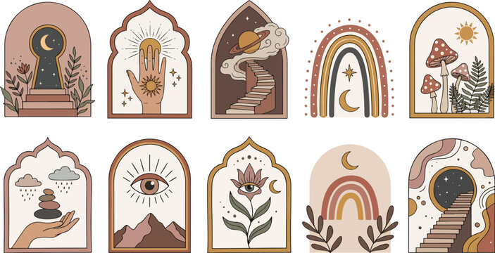 mystical arch illustrations with moon sun eye flower mushrooms rainbow planet and staircase