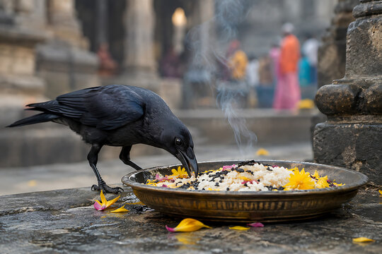 Pitru paksha black crow eating rice offering near temple during ancestral ceremony and durga puja season with flowers and incense smoke nearby