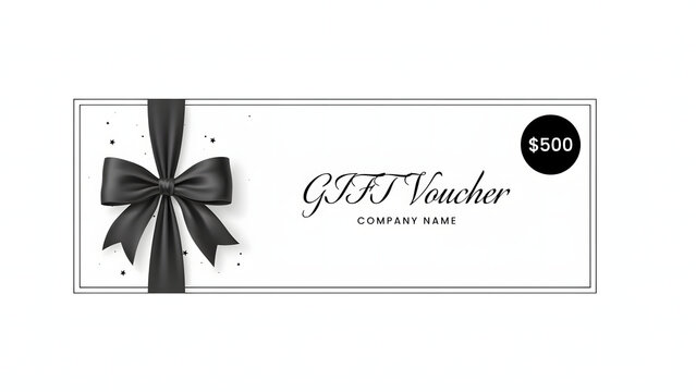 White gift voucher template decorated with a black silk bow, confetti, and a circular price tag on a clean, bright white background surface