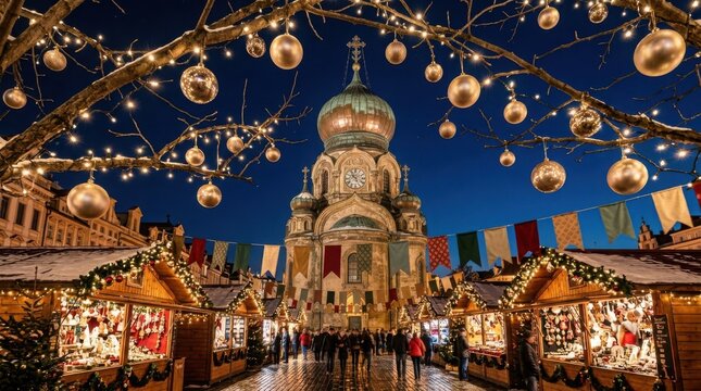 Christmas market stalls with festive lights and ornate church at dusk during winter celebration