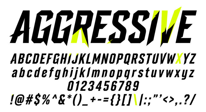 Aggressive Font Style Alphabet and Numbers Bold Black and Neon Green Typography Dynamic Design