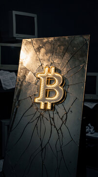 Illuminated Bitcoin symbol stands out on a cracked metal surface, surrounded by retro computer monitors, symbolizing the dynamic digital currency world. Image made using Generative AI.