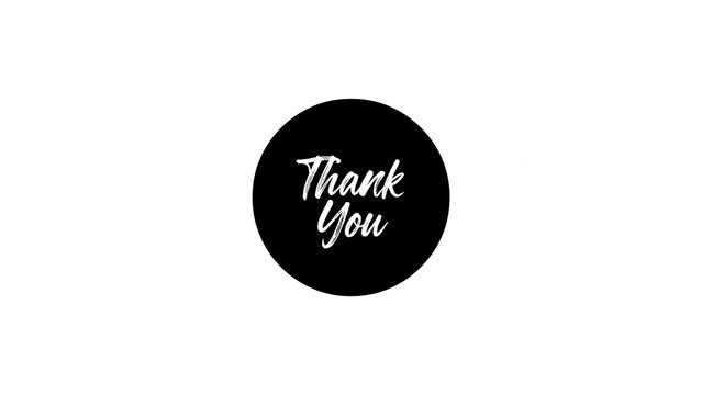 A circular black sticker with the words thank you written in a white, hand-drawn script font, isolated on a clean white background surface