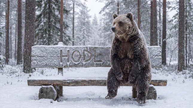 HODL in Bear Market concept. Bear on bench in winter with HODL carved into it, symbolizing a stock or crypto investing theme. Metaphor for holding in market volatility. Image made using Generative AI.