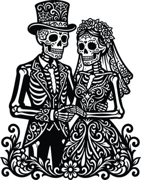 Sugar skull couple celebrating Dia de los Muertos wedding with ornate attire and floral accents