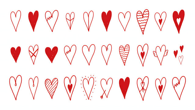 A collection of various hand-drawn red heart shapes and doodles isolated on a white background, for romantic greeting, cards and love themes