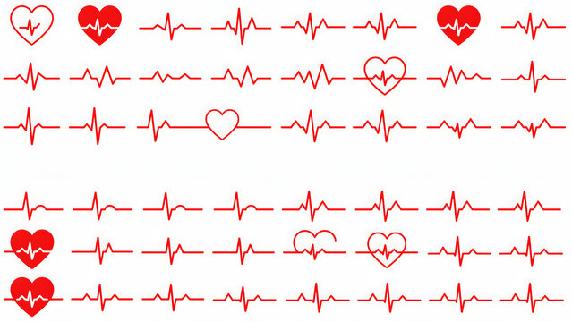 A collection of red electrocardiogram heart rate lines and heart arranged in a grid pattern on a plain white background surface