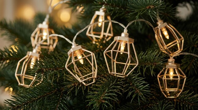 Geometric fairy lights glowing on a Christmas tree with soft bokeh background