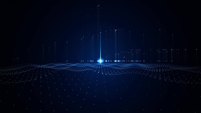 Futuristic Blue Digital Particle Horizon with Central Glowing Light