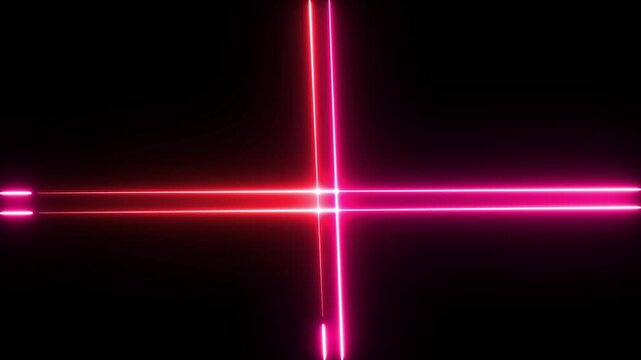 Glowing red neon laser crosshair lines isolated on black background abstract