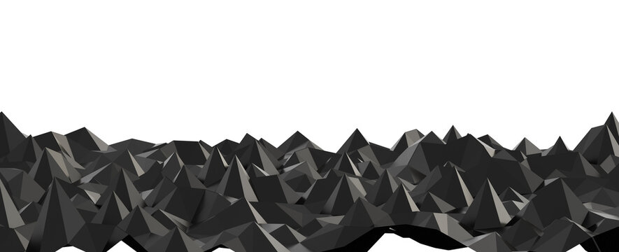 Dark abstract low poly landscape with geometric mountains and sharp peaks.