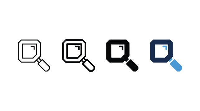 Magnifying glass icons show search functionality in multiple minimalist vector graphic designs.