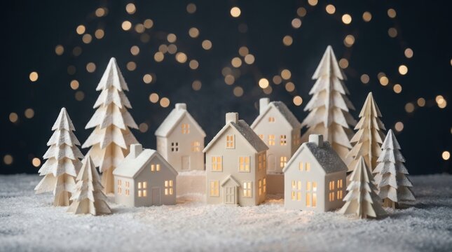 Cozy village scene with illuminated paper houses and fir trees in soft bokeh lights