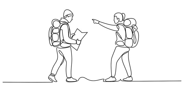 Continuous one line drawing of a man and woman hiking with backpacks holding a map and pointing at the trail isolated on a white background Vector, illustration