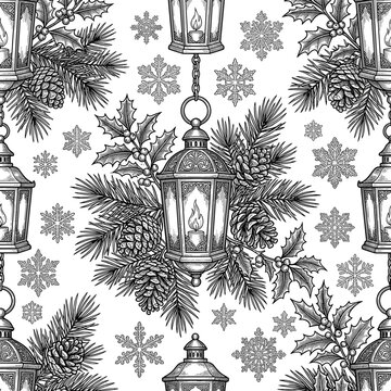 Vintage Christmas lantern pattern with snowflakes and holly leaves  