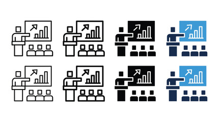 Fototapeta premium Presentation vector icons displaying a speaker at a podium pointing to a financial growth chart.