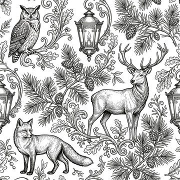 Christmas-themed vintage forest animals pattern with pine and lanterns  