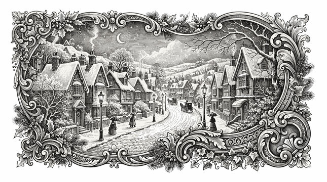 Vintage Christmas village scene with horse-drawn carriage and snow  