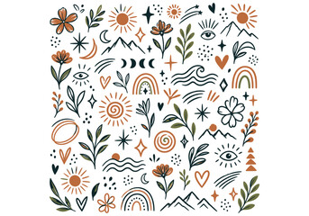Fototapeta premium Boho hand drawn doodle elements set featuring suns moons mountains flowers rainbows and mystical symbols in earthy tones