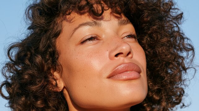 Serene Sun-Kissed Woman with Curly Hair and Glowing Skin